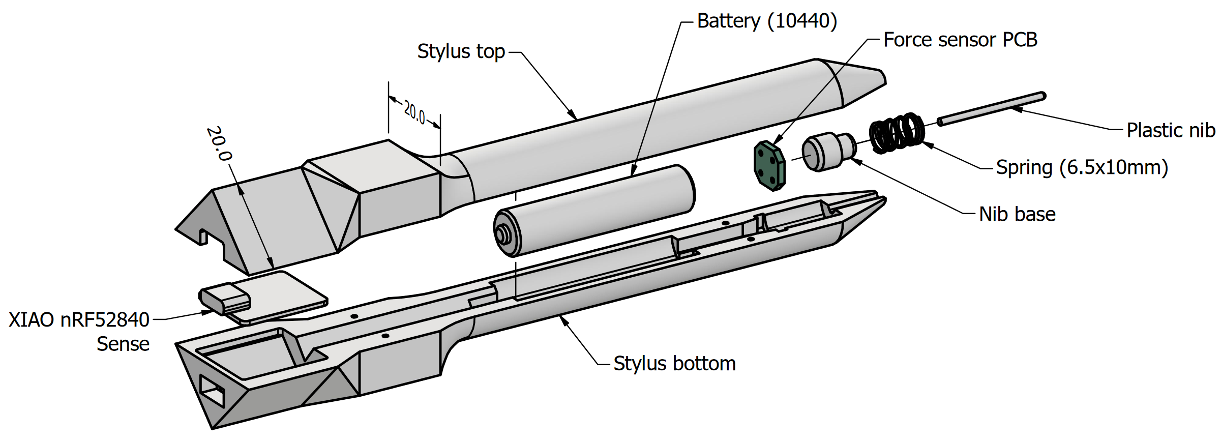 CAD drawing showing the hardware design of the stylus
