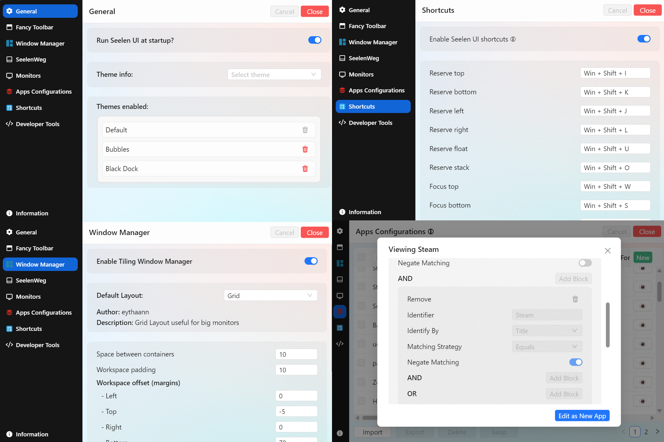 Example of customizable desktop settings in Seelen UI