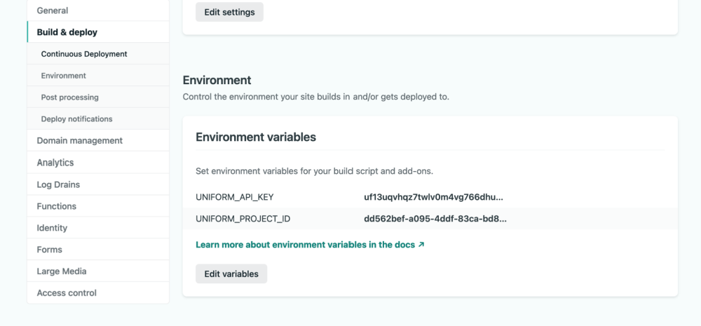 Screenshot of Netlify settings screen showing Enviroment Variables