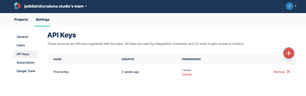 Screenshot of the Uniform API Keys page