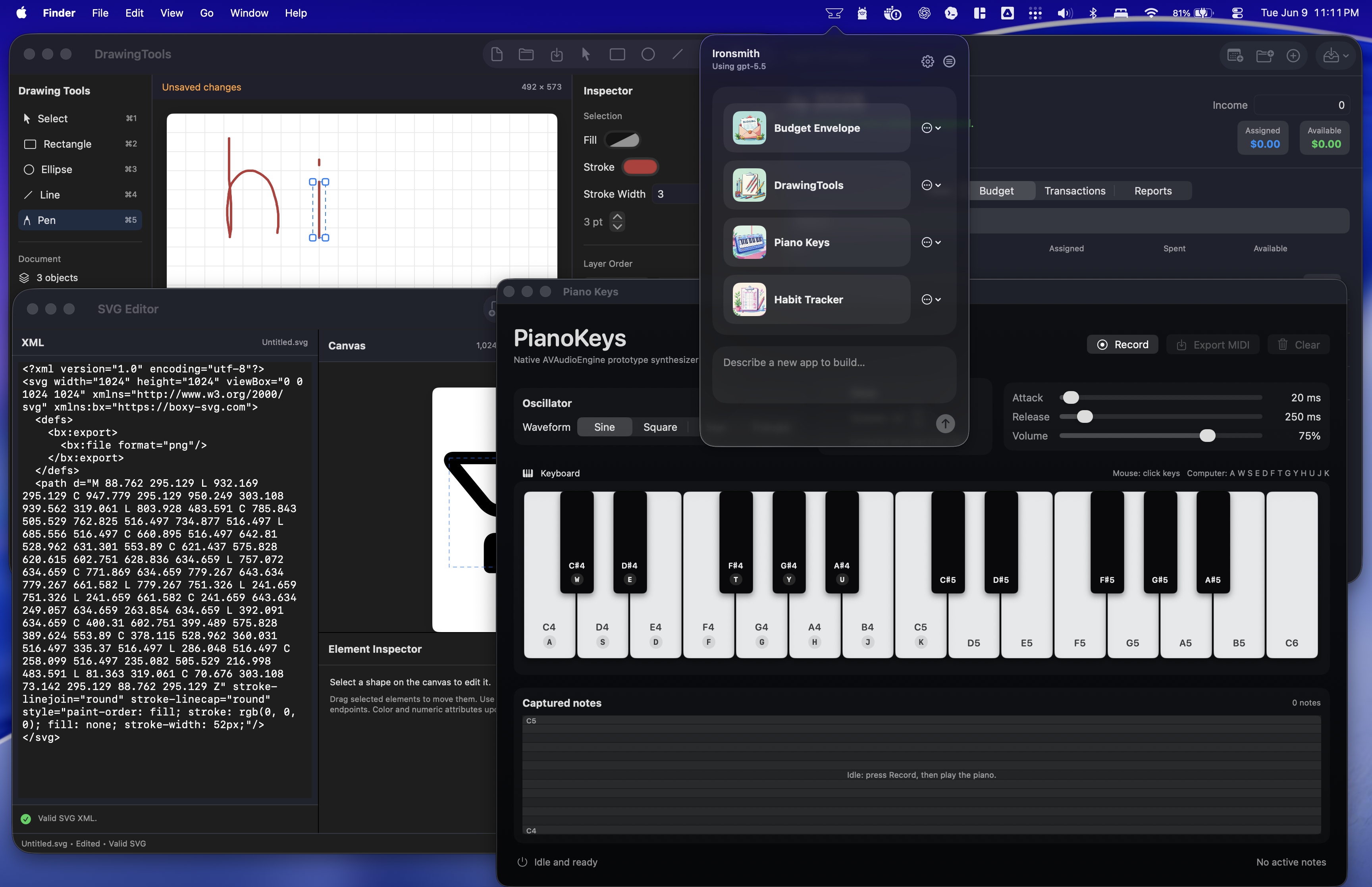 Several generated Mac apps with the Ironsmith menu bar popover open in front.