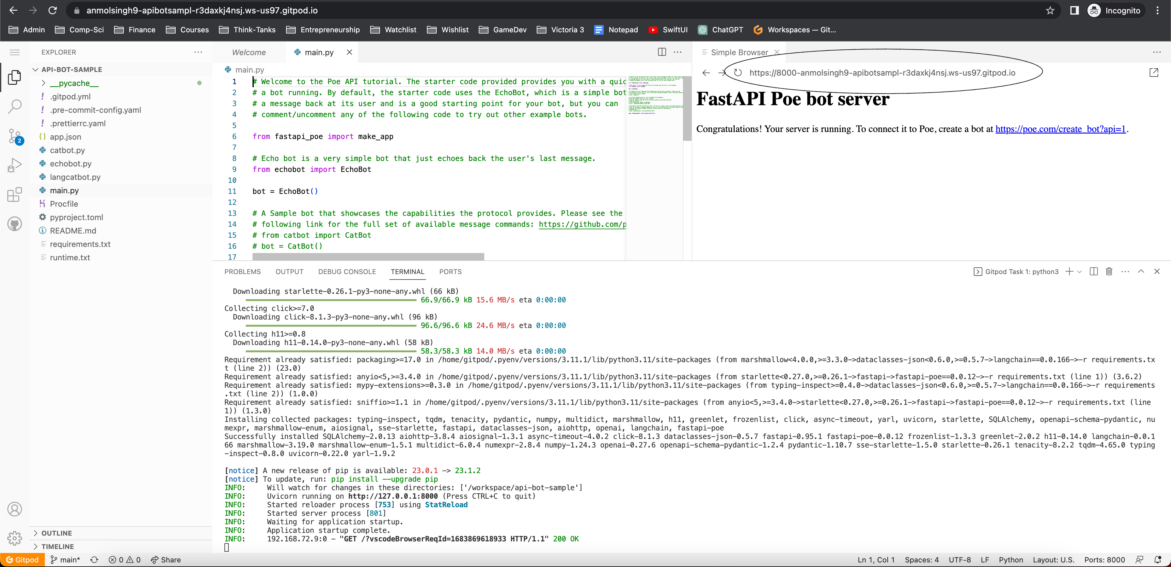 Screenshot of a Gitpod page with the URL for the server circled.