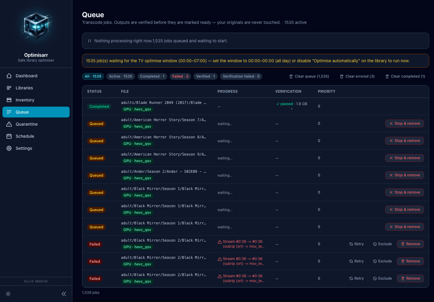 Optimisarr Queue in dark mode, showing active GPU transcoding