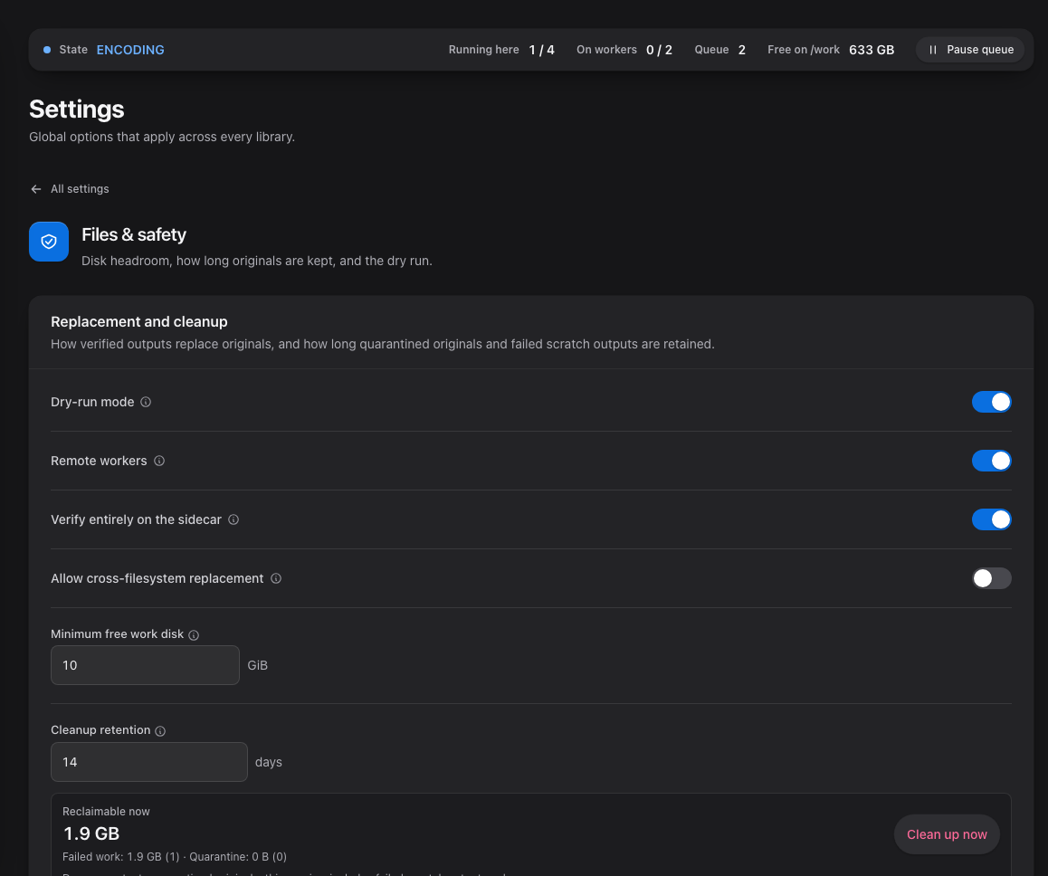 Files and safety settings with Remote workers enabled and Verify entirely on the sidecar selected