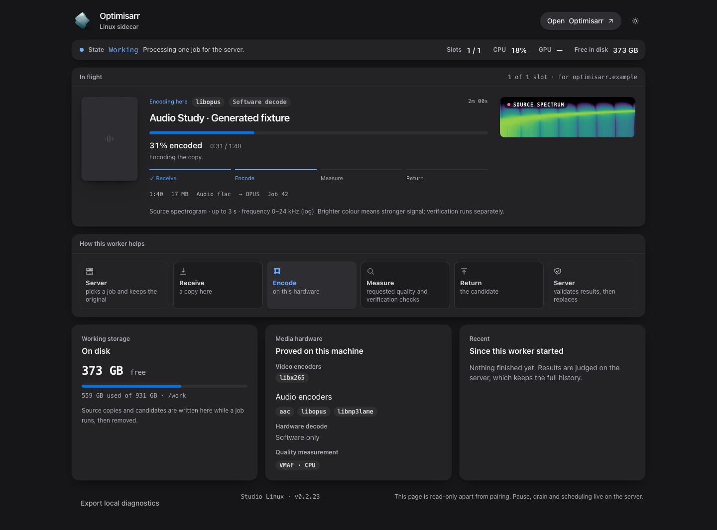Linux sidecar audio monitor with a generated fixture