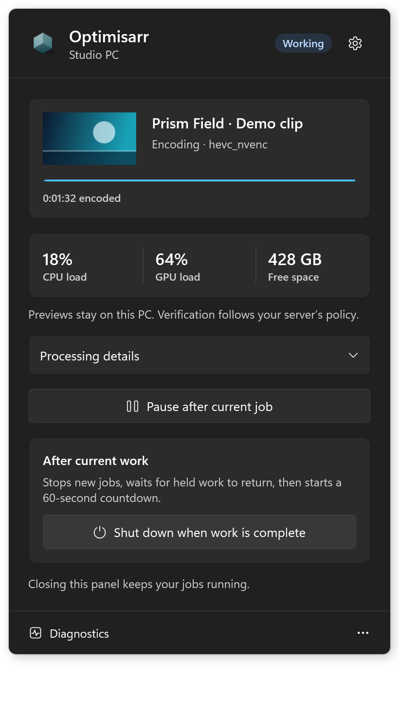 Windows worker encoding a fabricated clip with stage, encoded time, CPU and GPU load