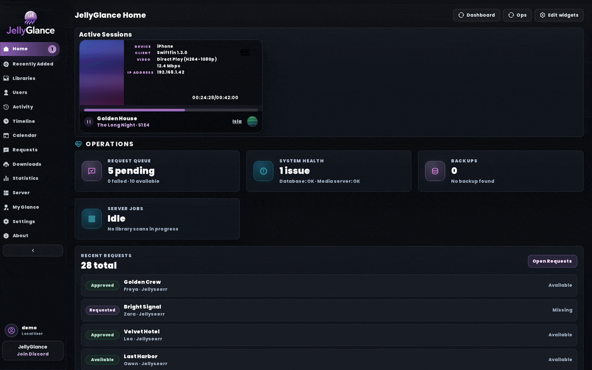 Animated tour of the JellyGlance dashboard, statistics, library and activity pages