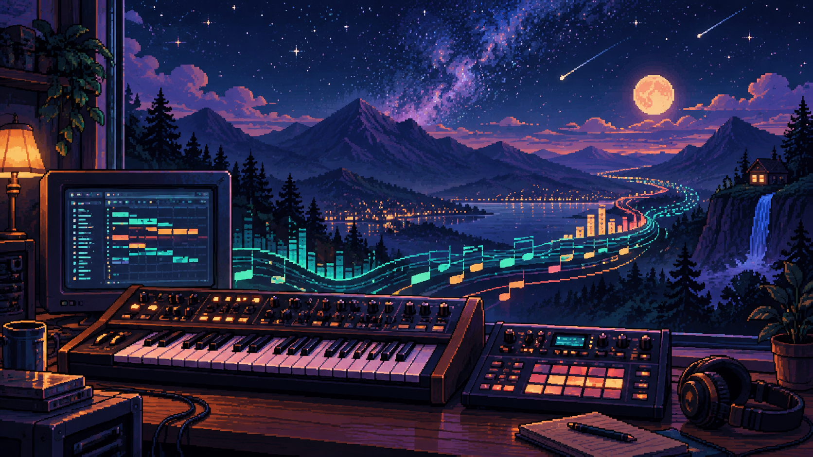 Retro instrumental music studio with a synthesizer, MIDI notes, and a night sky