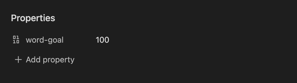 Obsidian properties with a single property 'word-goal' set to 100