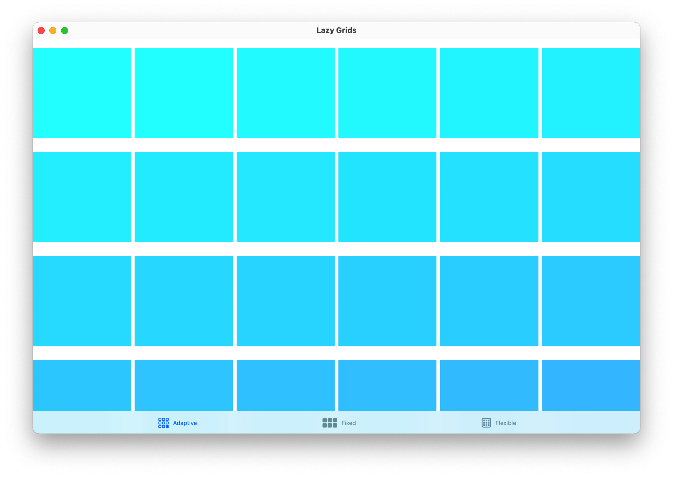 An iOS app running on an Apple silicon Mac. A grid of colored boxes are displayed.