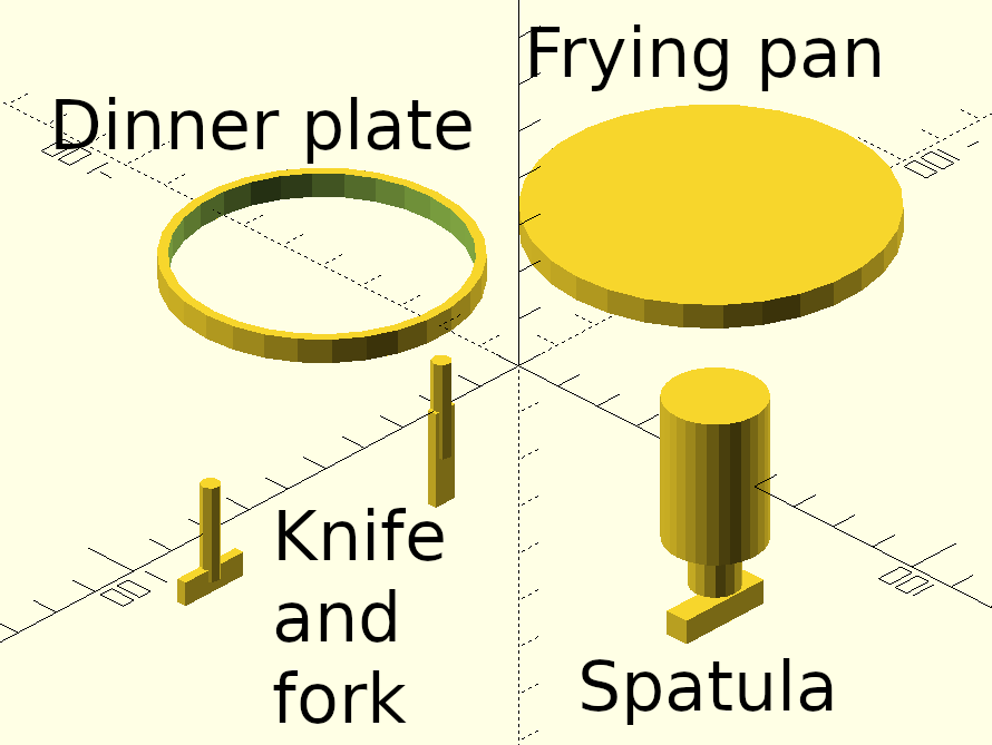 Bad 3D models of the utensils for cooking a full English breakfast