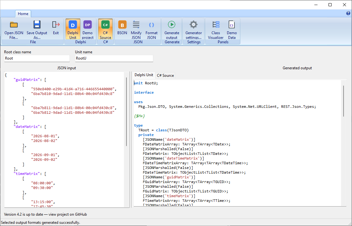 JsonToDelphiClass 4.2 main window
