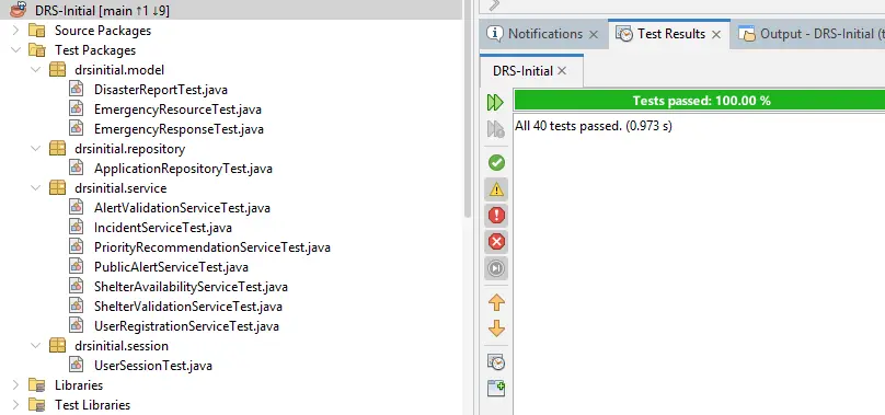 Current CrisisOps JUnit result showing 40 tests passing