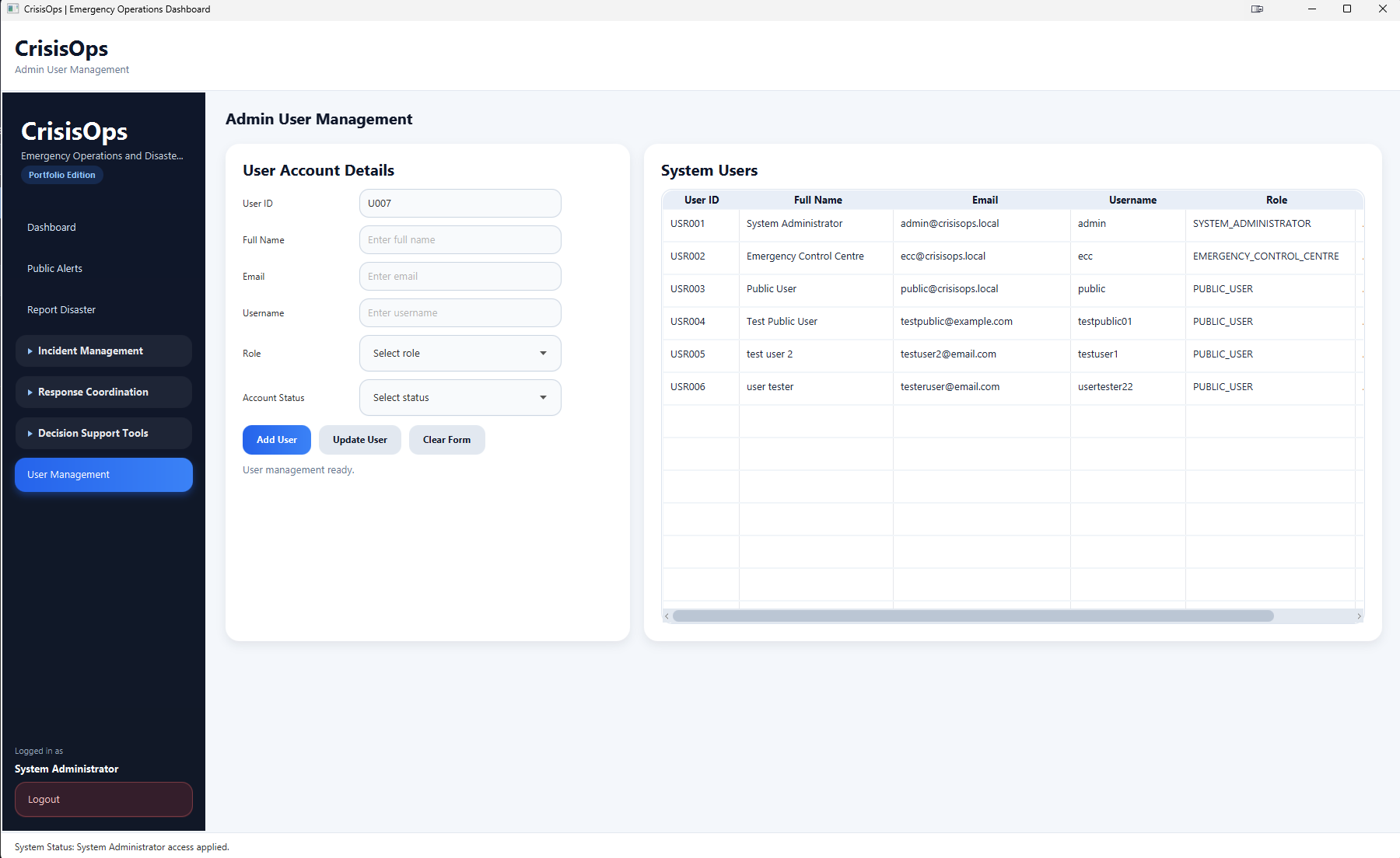CrisisOps administrator user-management interface