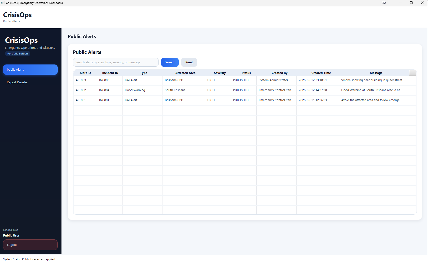 CrisisOps public-alert interface