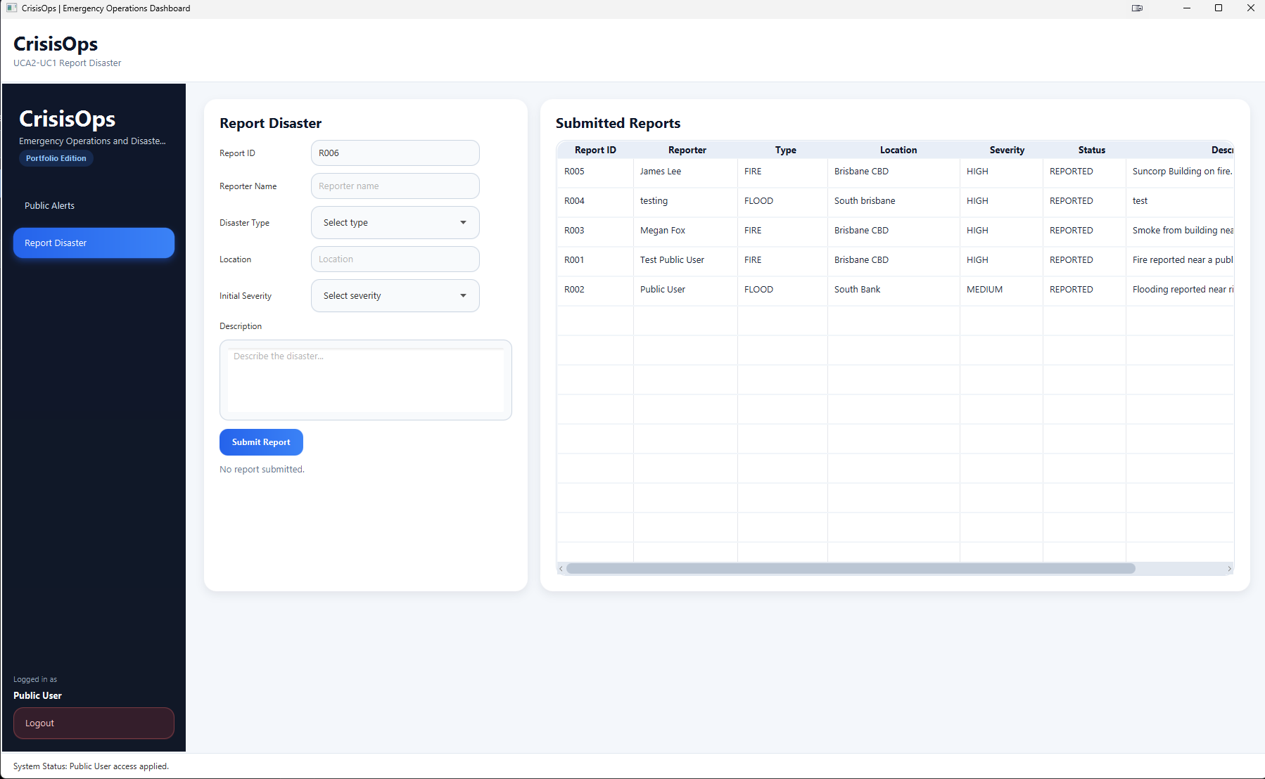 CrisisOps public disaster-reporting interface