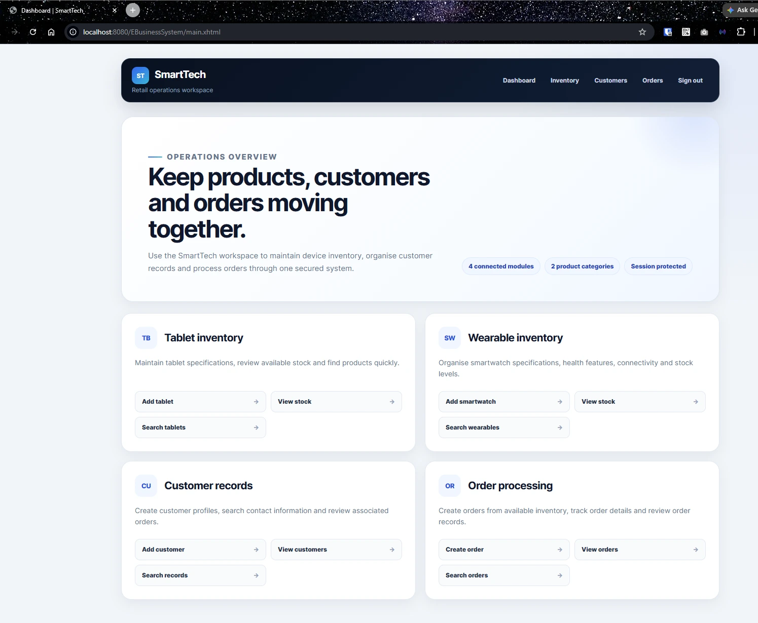 SmartTech dashboard linking tablet inventory, smartwatch inventory, customer records and order processing