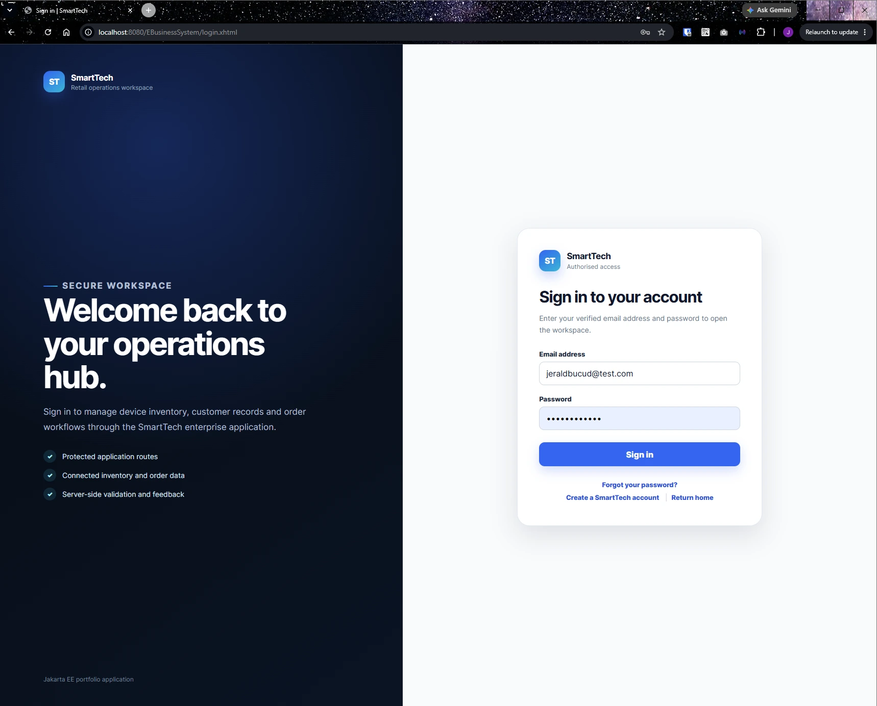 SmartTech sign-in screen with verified-email and password fields