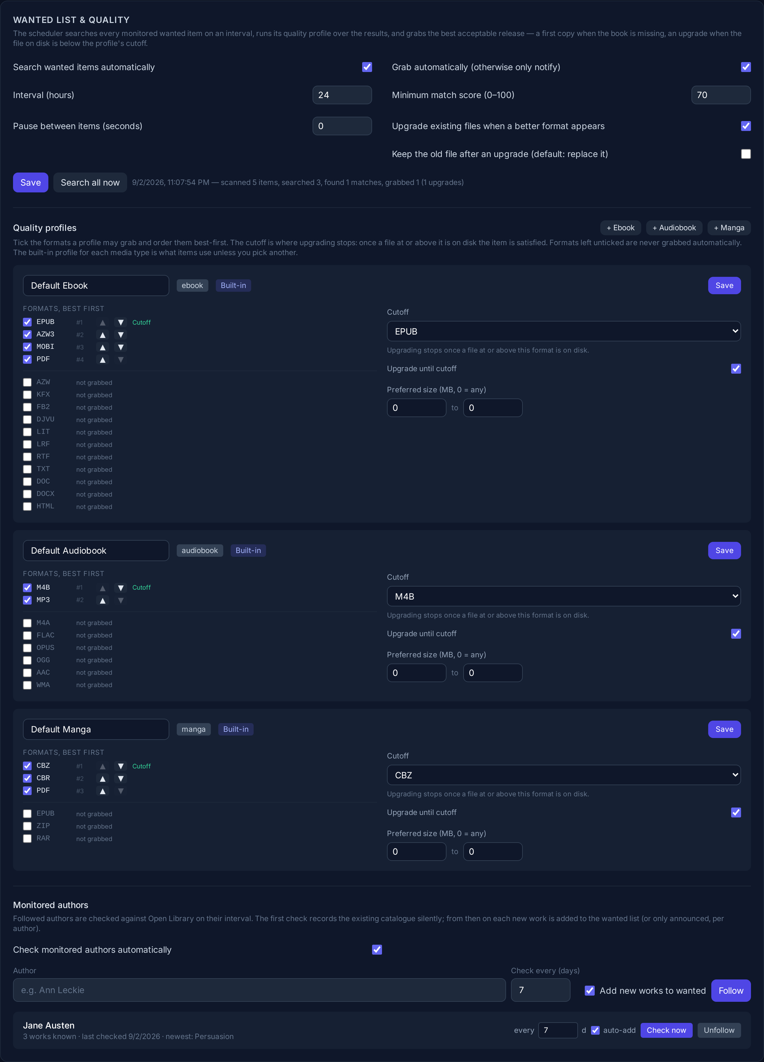 Settings: scheduler, quality profile editor with cutoff, and monitored authors