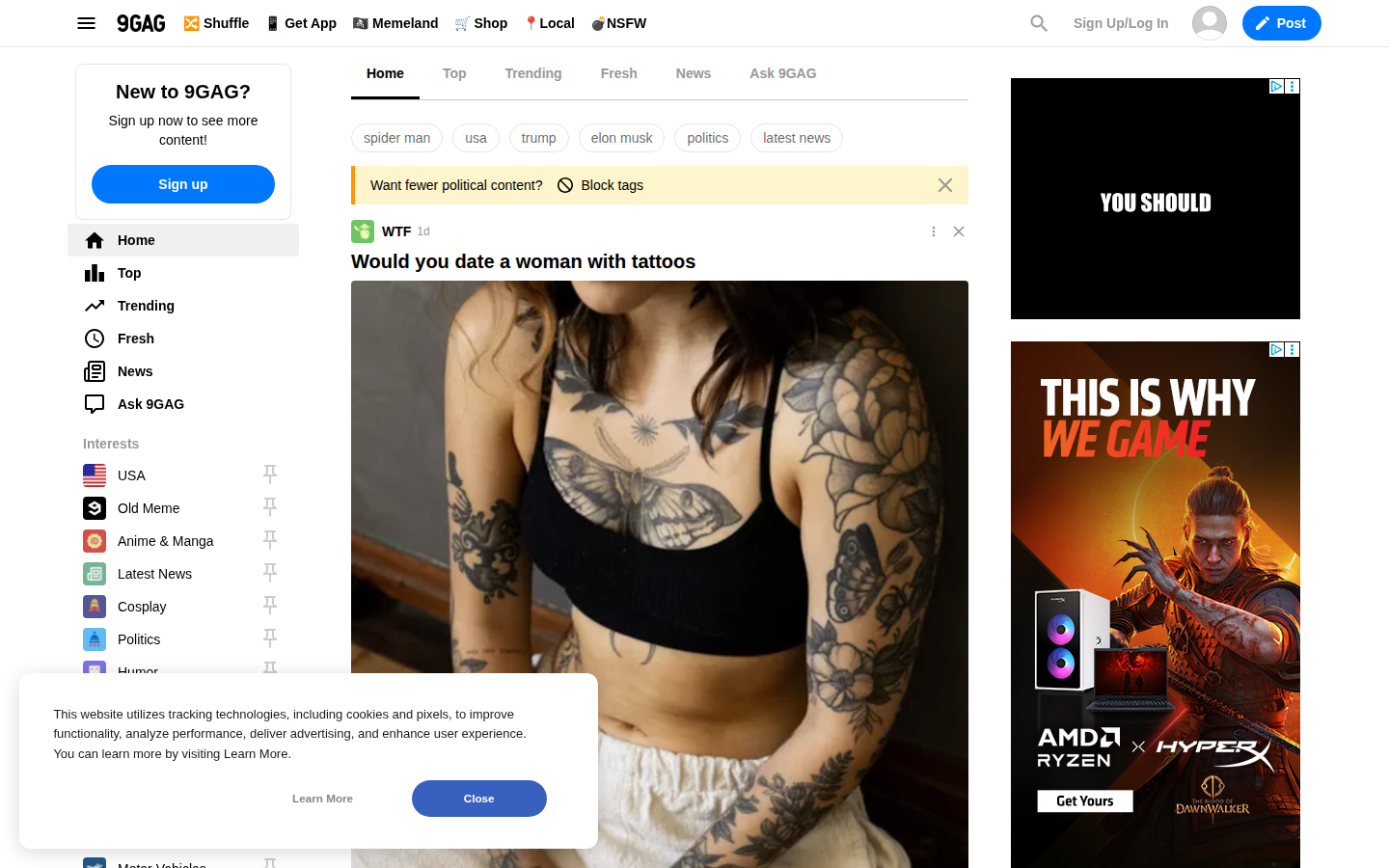 real 9gag.com homepage 1440 px (captured from the review host)