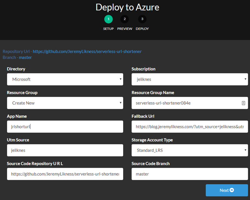 Initial Form for Deploying to Azure