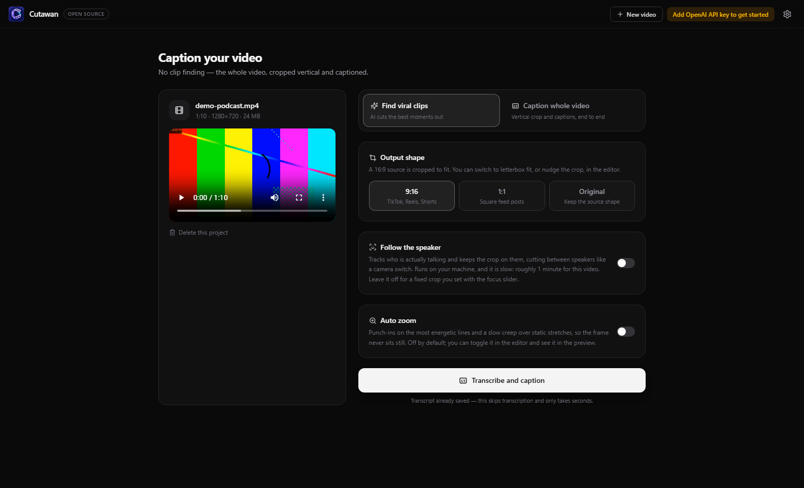 Cutawan: choosing between finding viral clips and captioning the whole video, with output shape, speaker tracking and auto zoom options