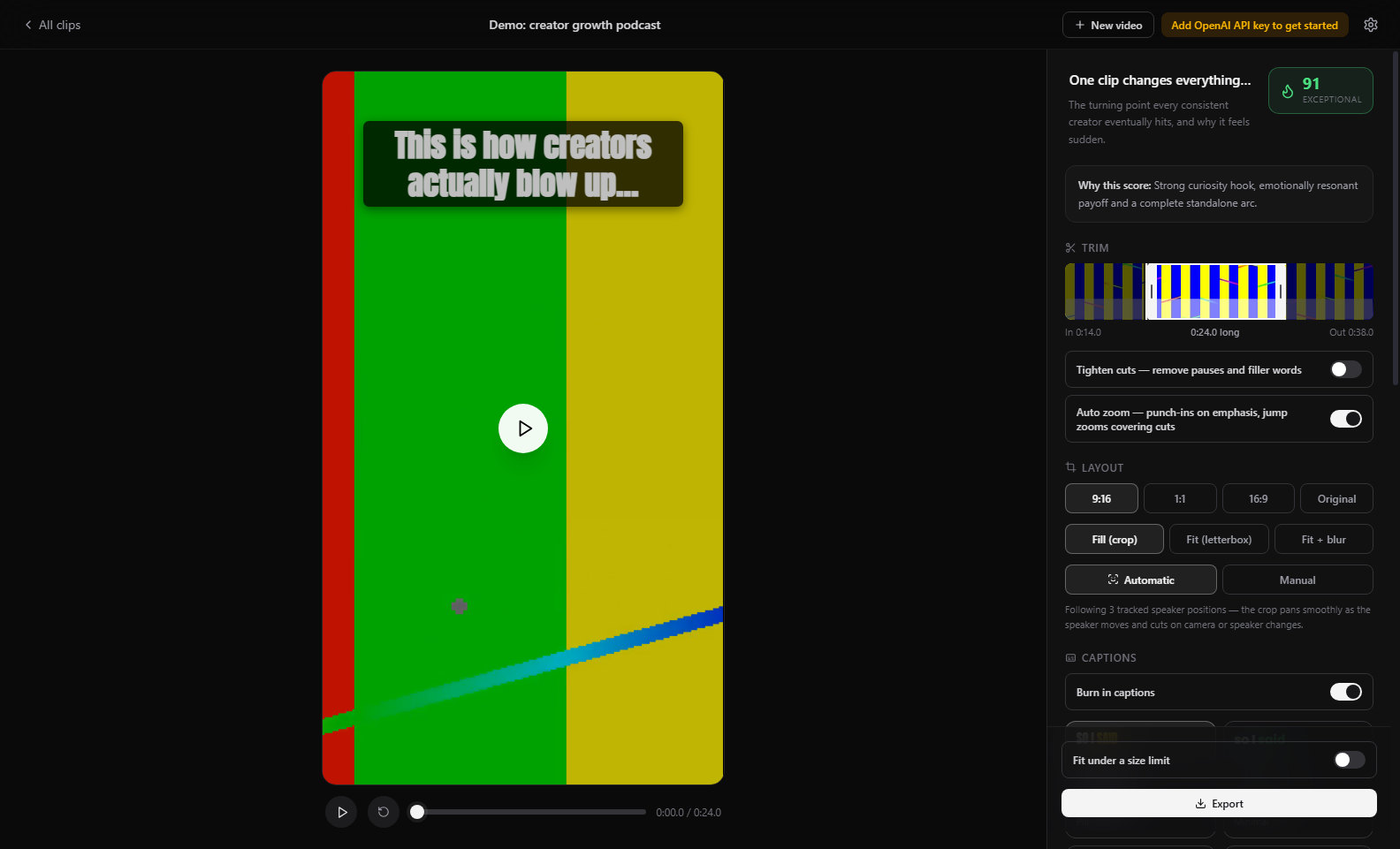 Cutawan clip editor with live preview, caption styles and branding watermark
