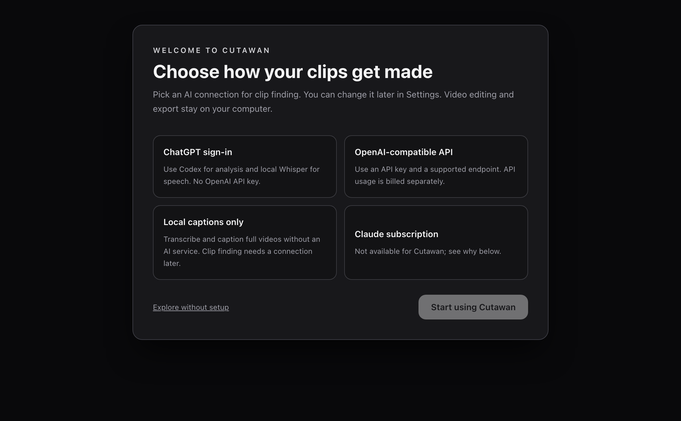 Cutawan first-run wizard with ChatGPT sign-in, API and local captions choices