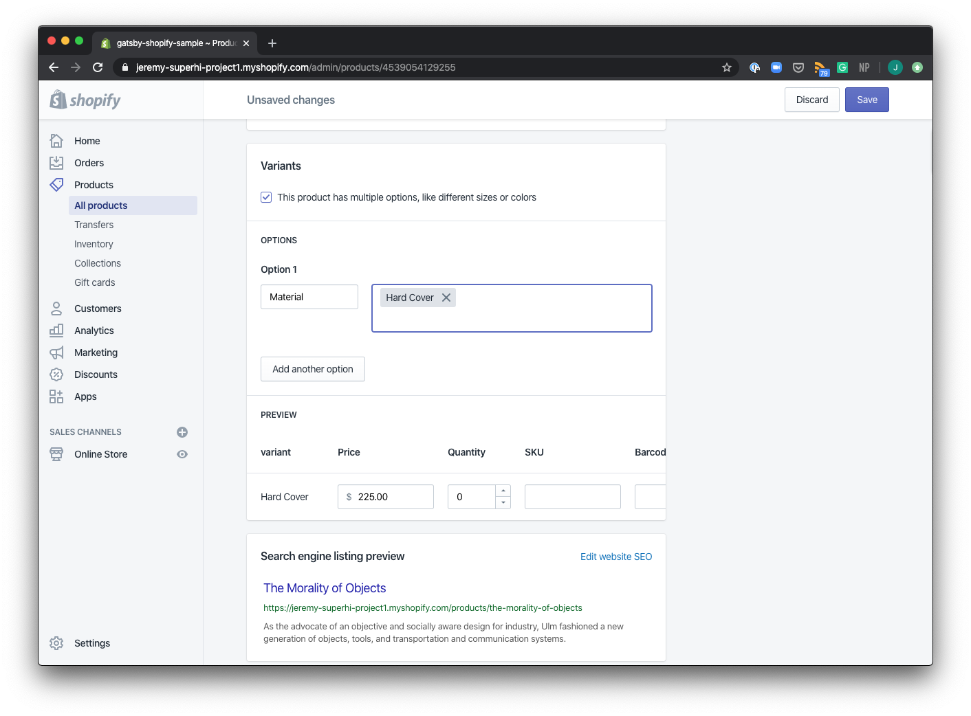 Shopify Variants Screen