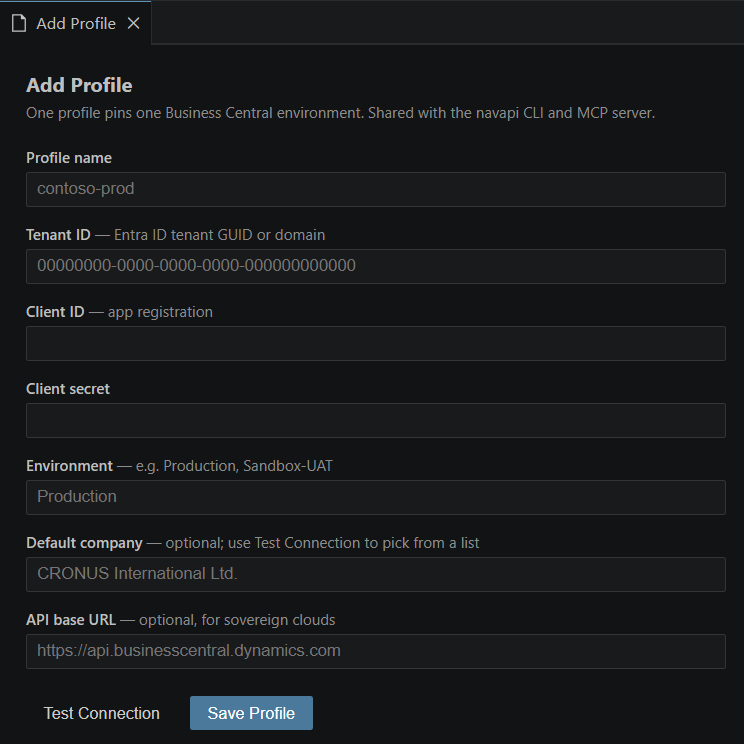 The Add Profile form: profile name, tenant, client id/secret, environment, default company, and Test Connection / Save Profile buttons