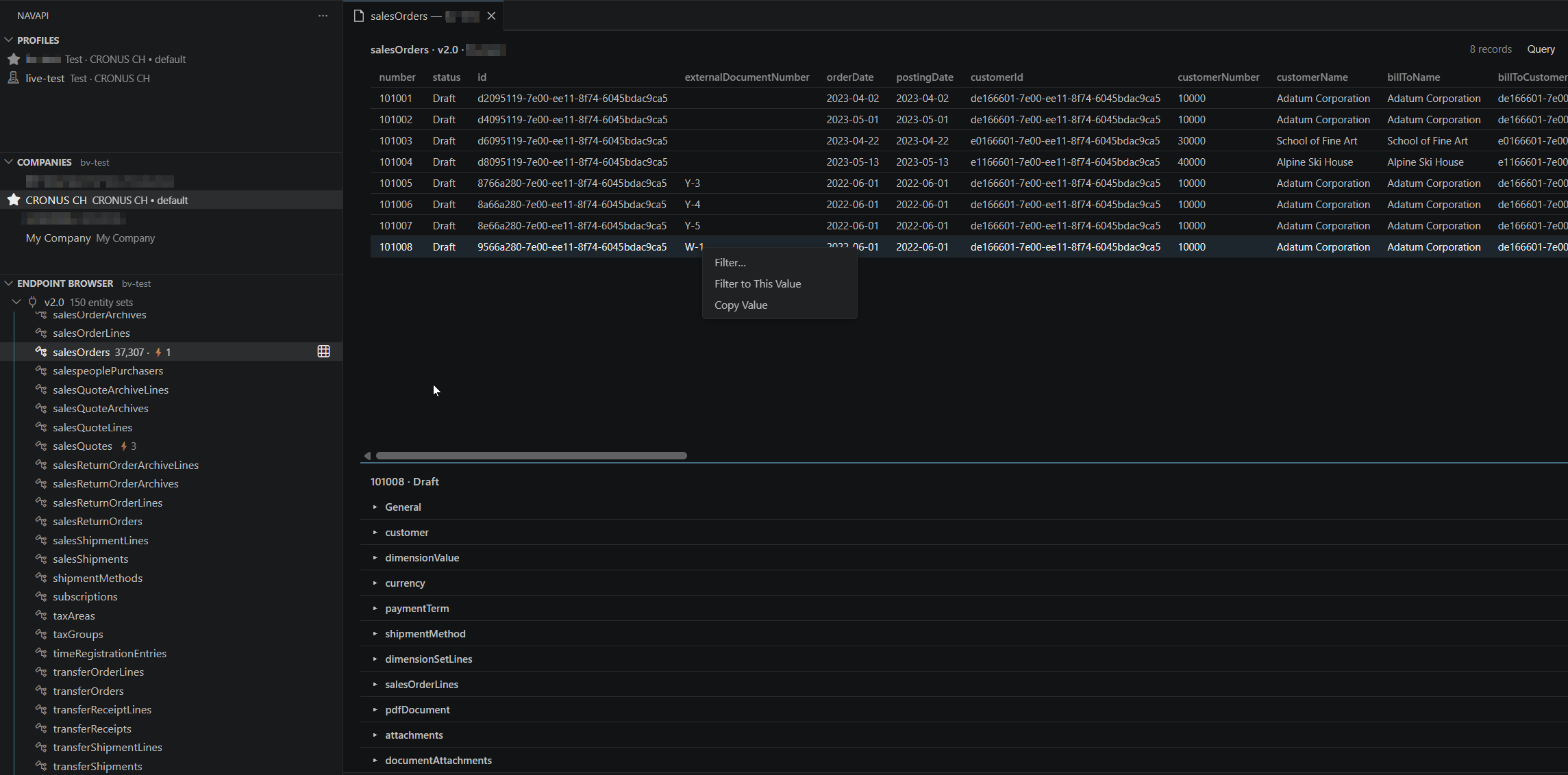 A record's FastTab detail pane with navigation-property tabs (customer, currency, salesOrderLines…) and the right-click Filter / Filter to This Value / Copy Value menu