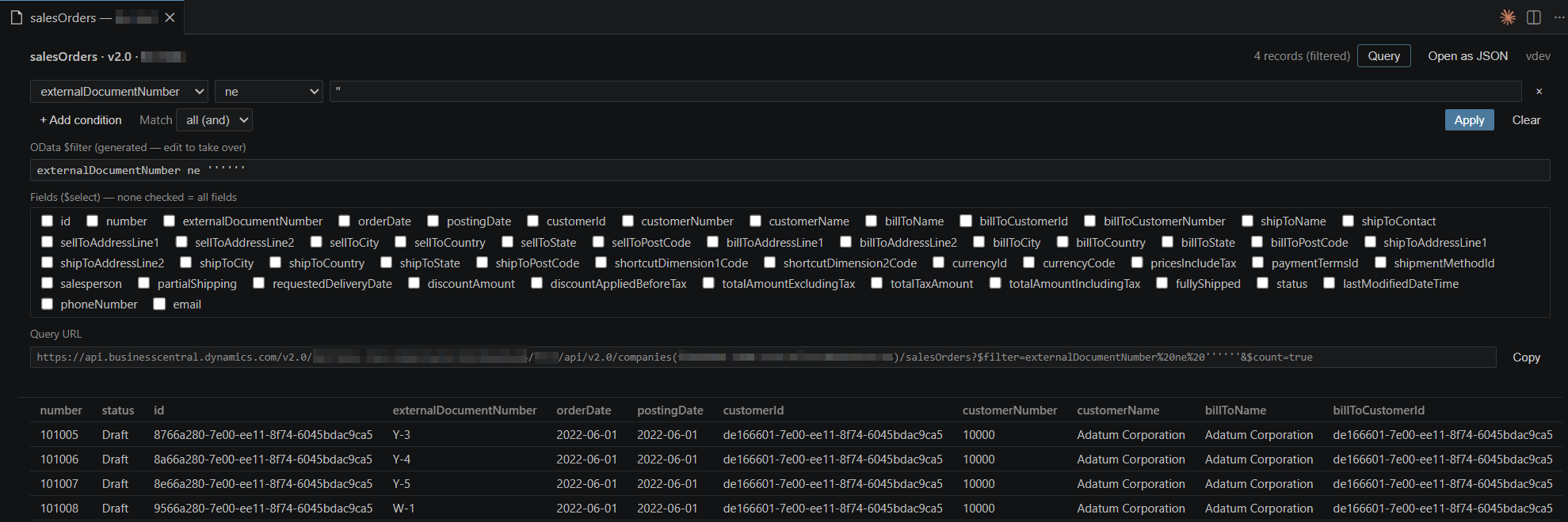 The query builder: filter conditions, $select field checkboxes, the generated $filter expression, and a copyable Query URL, over a filtered records grid