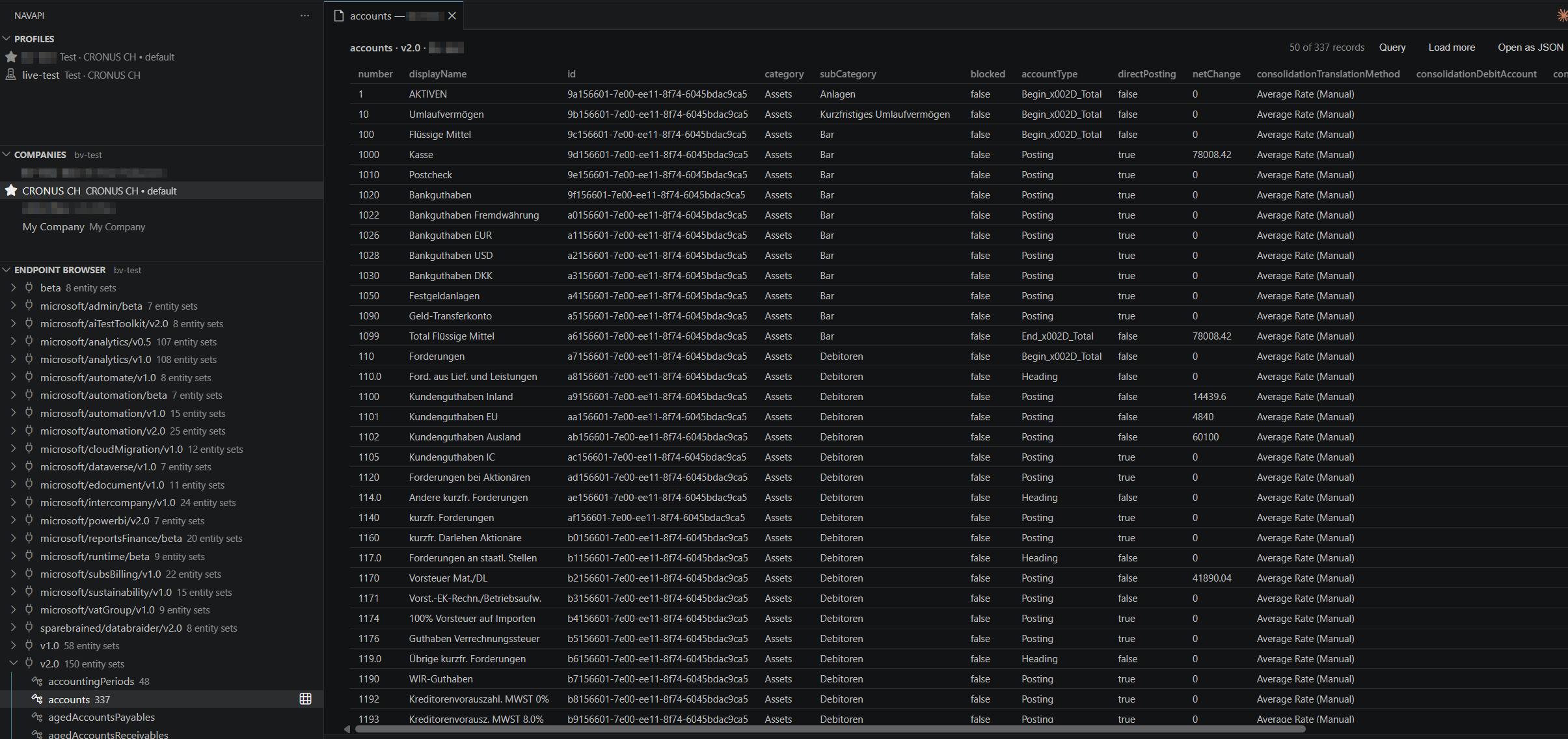 navapi in VS Code: Profiles, Companies, and Endpoint Browser in the sidebar, with a live records grid showing 50 of 337 records