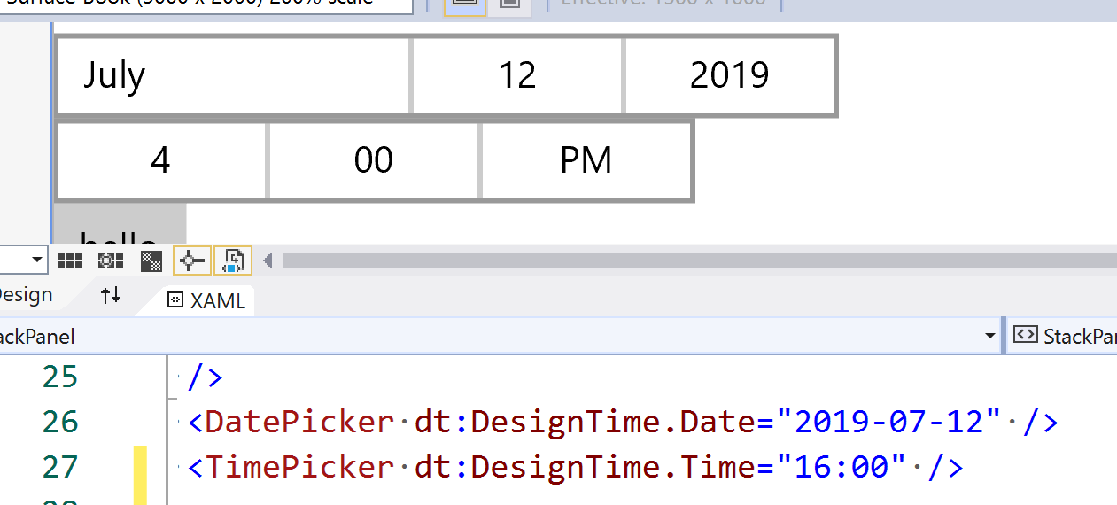 DatePicker and TimePicker showing values in the designer