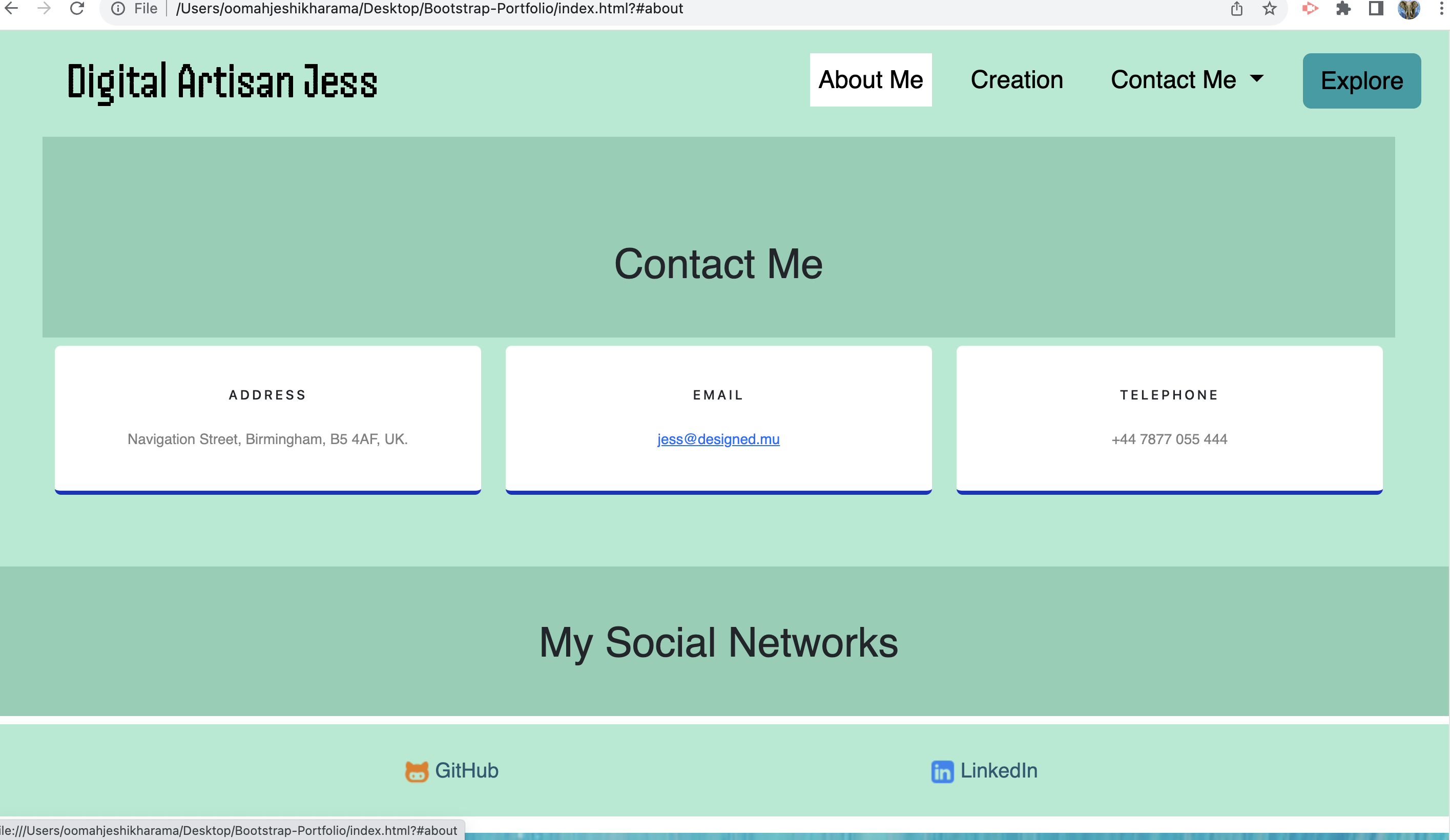 Bootstrap Porfolio webpage includes Contact section address, email, phone and socials