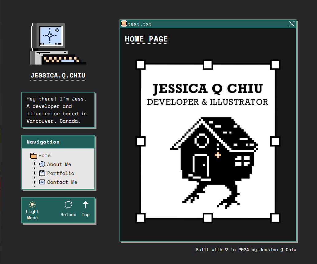 Screenshot preview of Jessica Q Chiu's portfolio website in dark mode