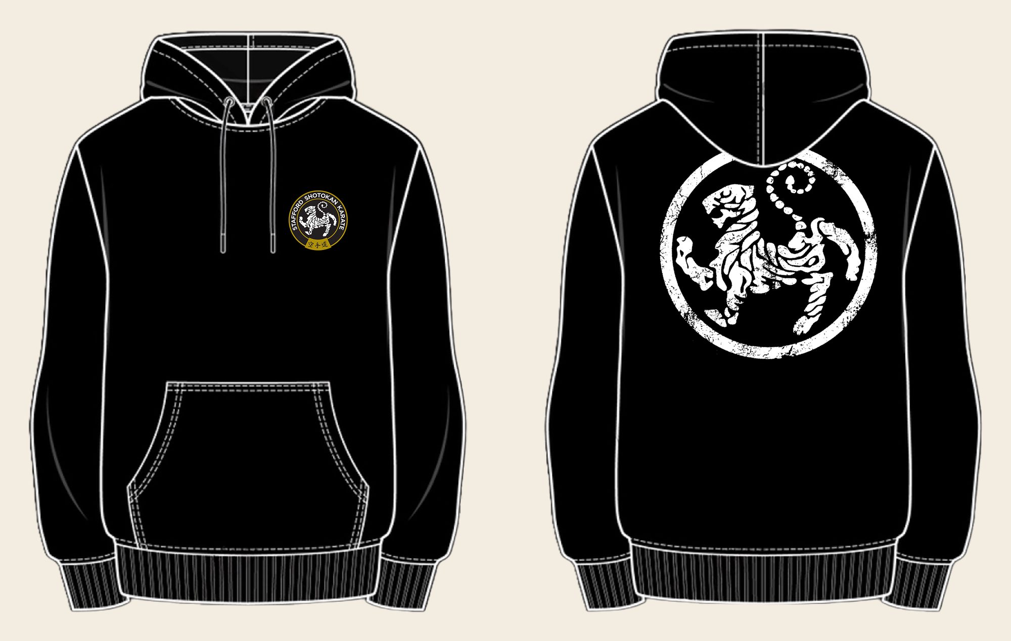 Hoodie design 10, Weathered Tiger, in Deep Black, front and back