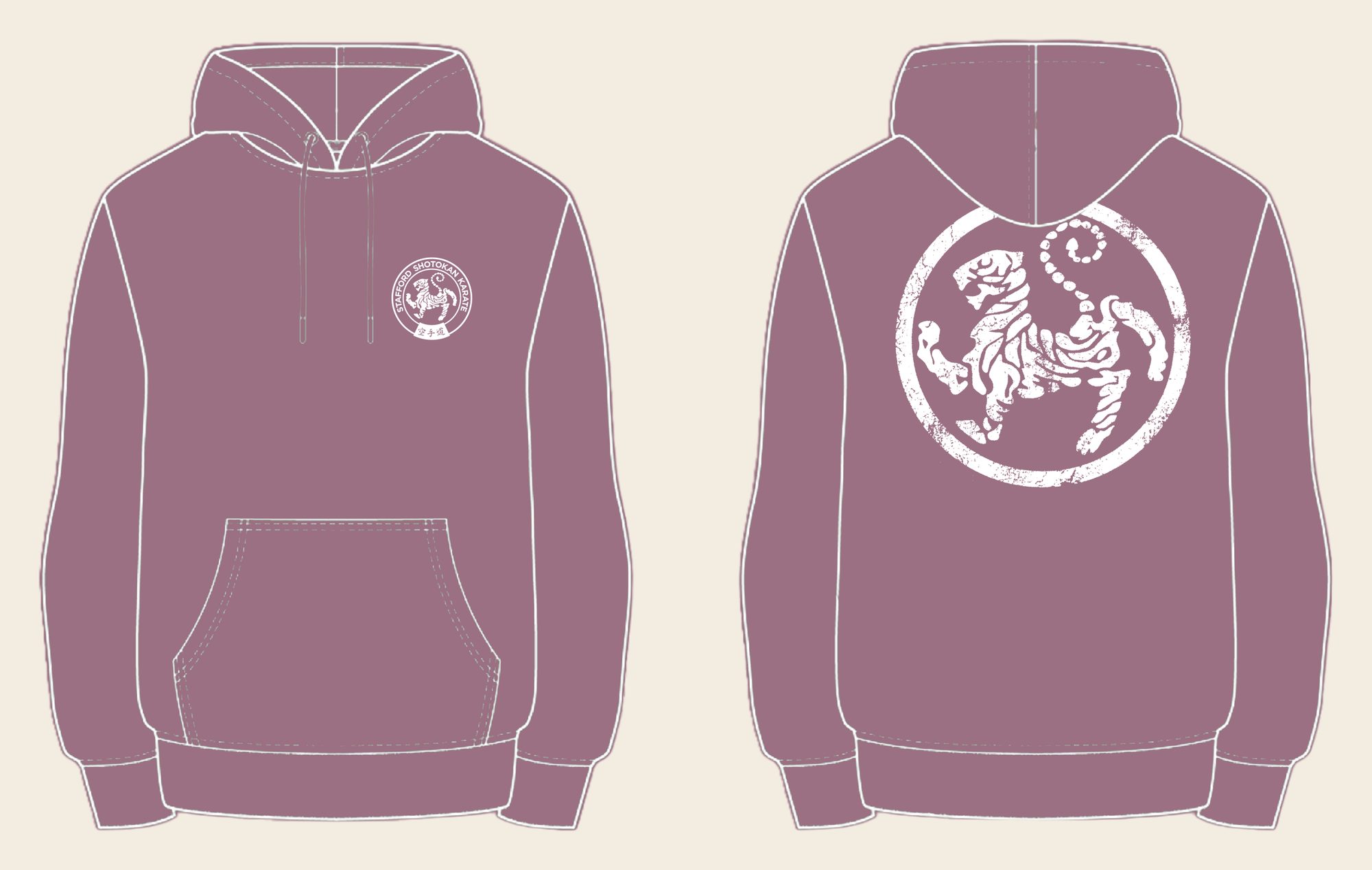 Hoodie design 10, Weathered Tiger, in Dusty Purple, front and back