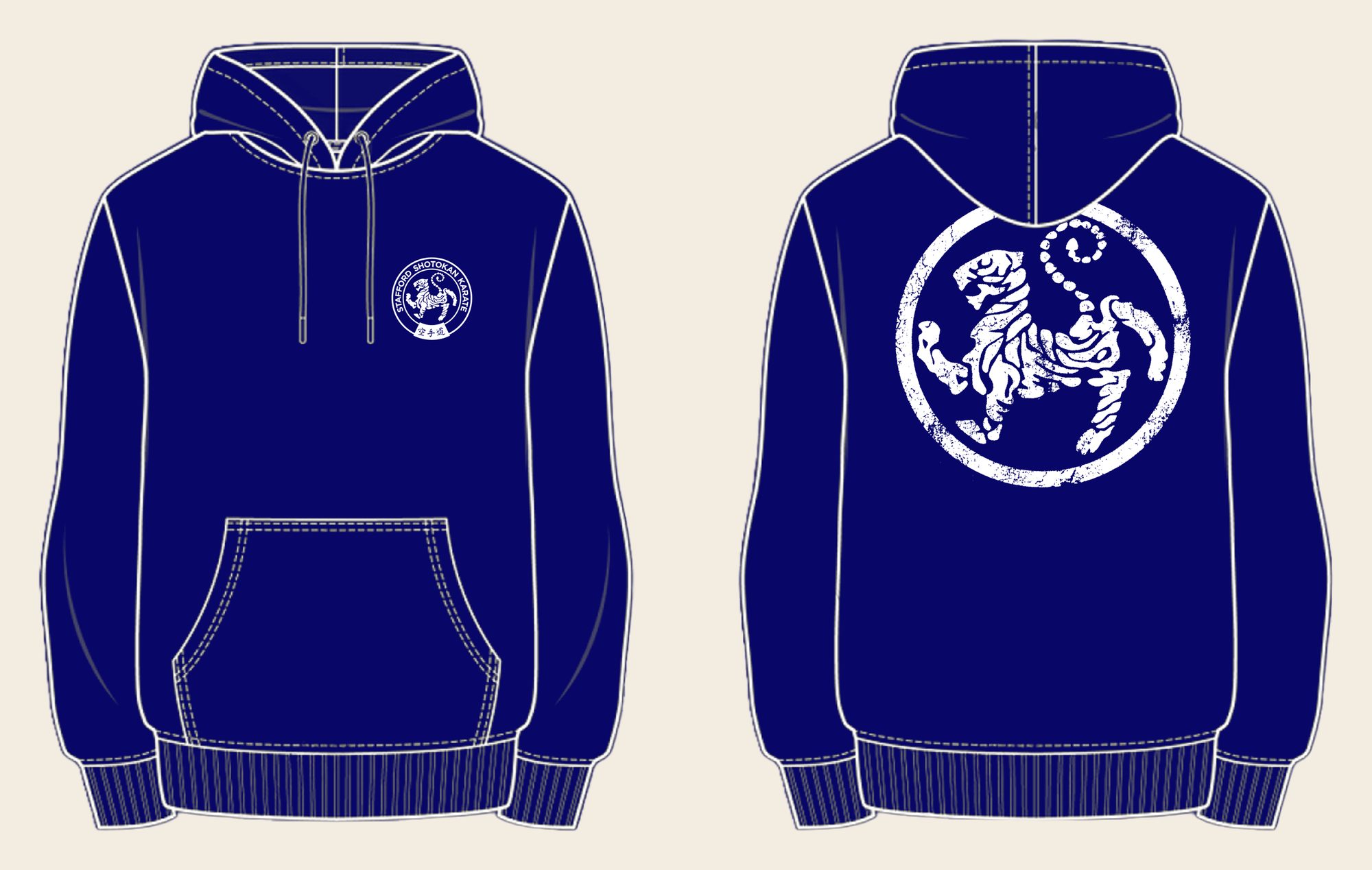 Hoodie design 10, Weathered Tiger, in New French Navy, front and back