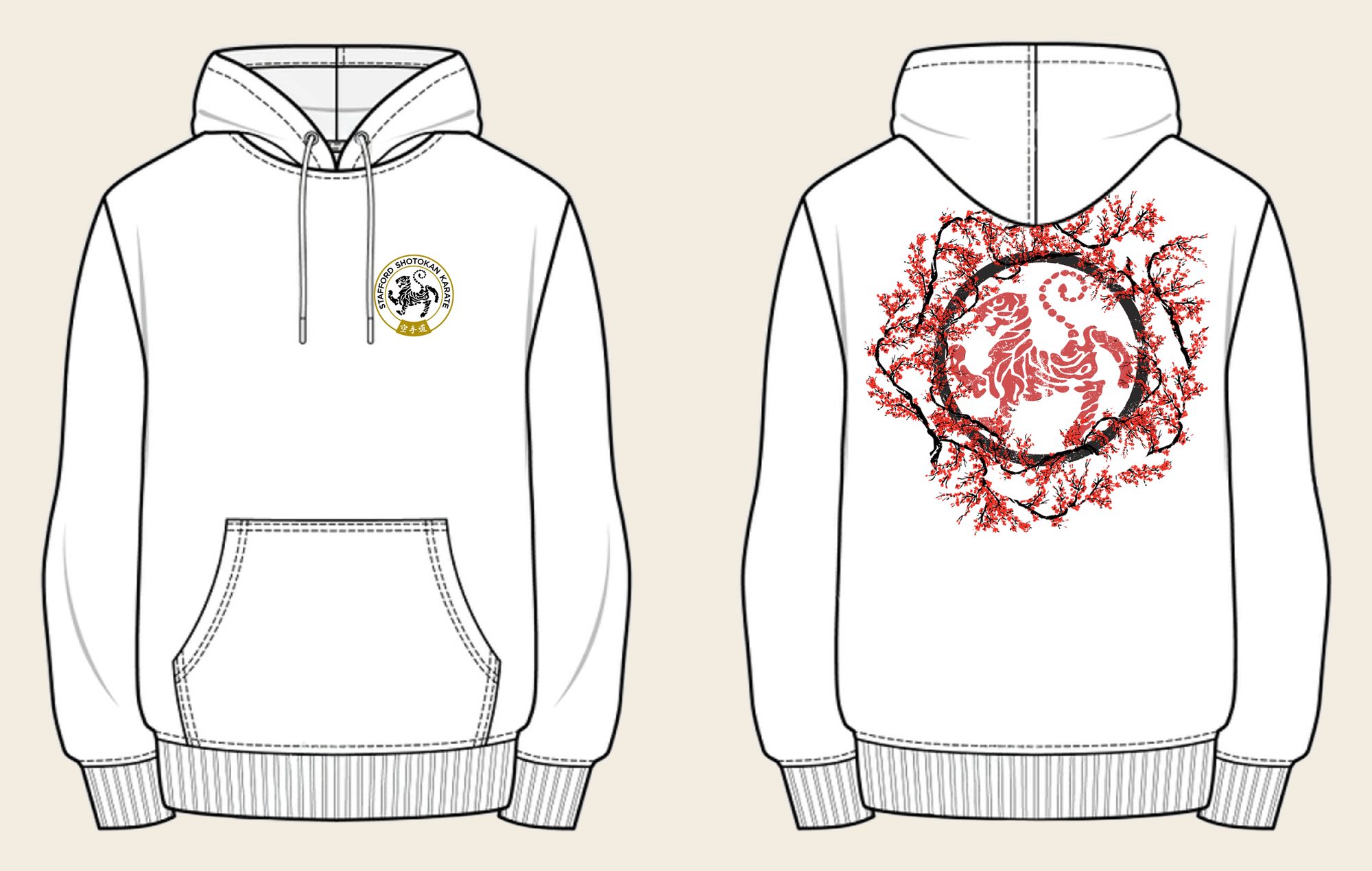 Hoodie design 11, Sakura Tiger (Option A), in Arctic White, front and back