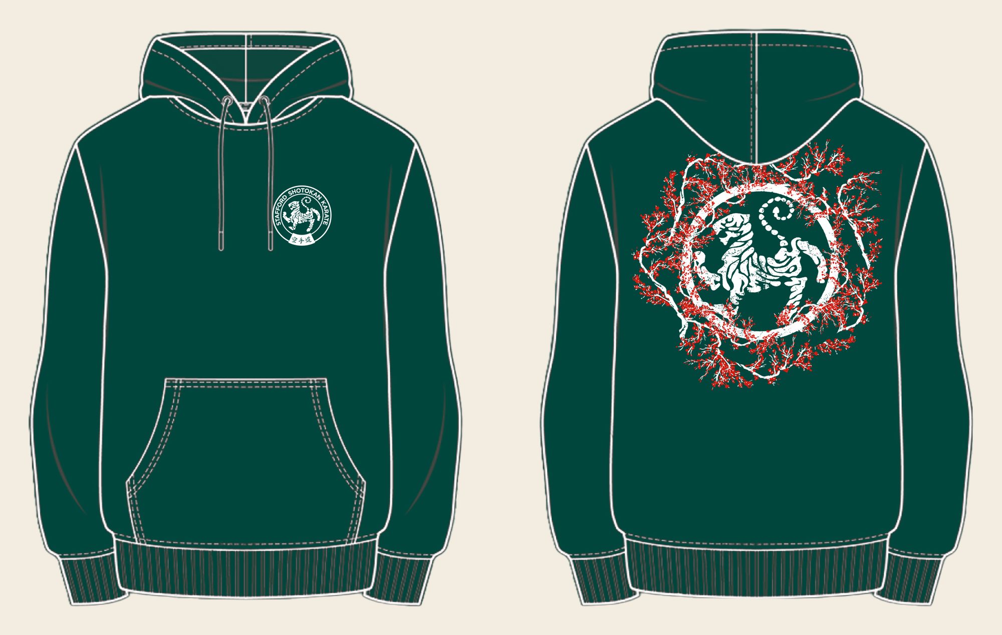 Hoodie design 11, Sakura Tiger (Option A), in Bottle Green, front and back