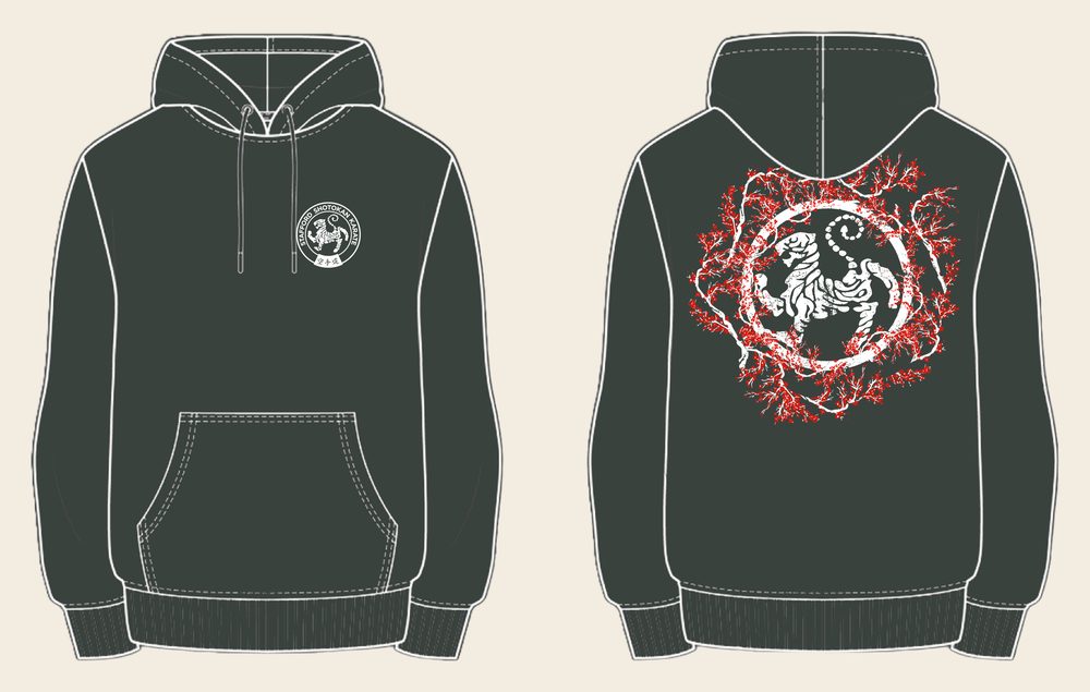 Hoodie design 11, Sakura Tiger (Option A), in Charcoal, front and back