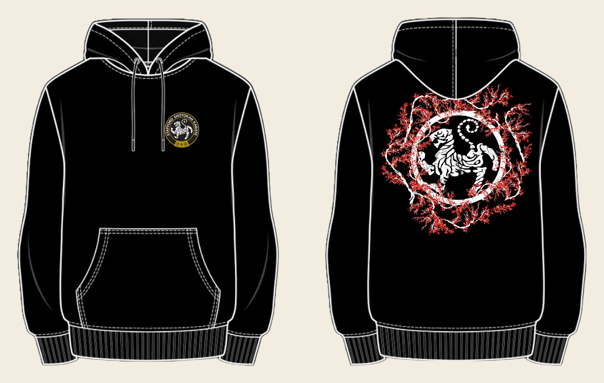 Hoodie design 11, Sakura Tiger (Option A), in Deep Black, front and back