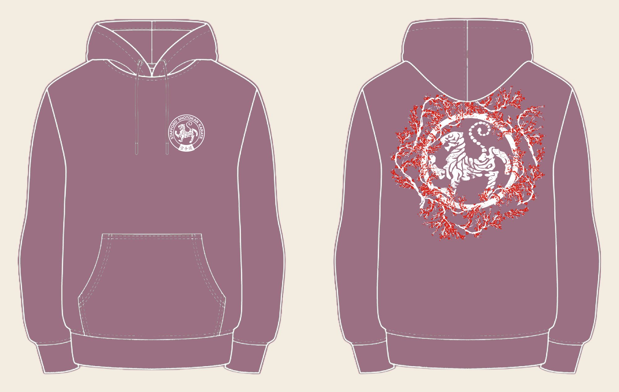 Hoodie design 11, Sakura Tiger (Option A), in Dusty Purple, front and back