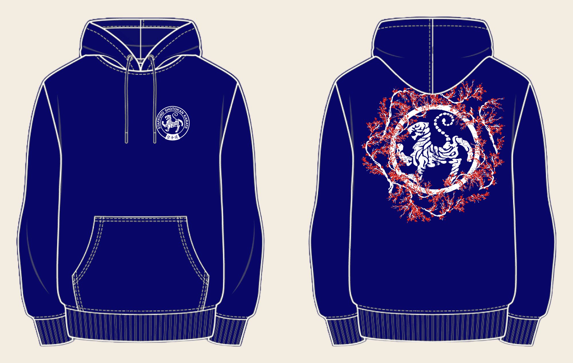 Hoodie design 11, Sakura Tiger (Option A), in New French Navy, front and back