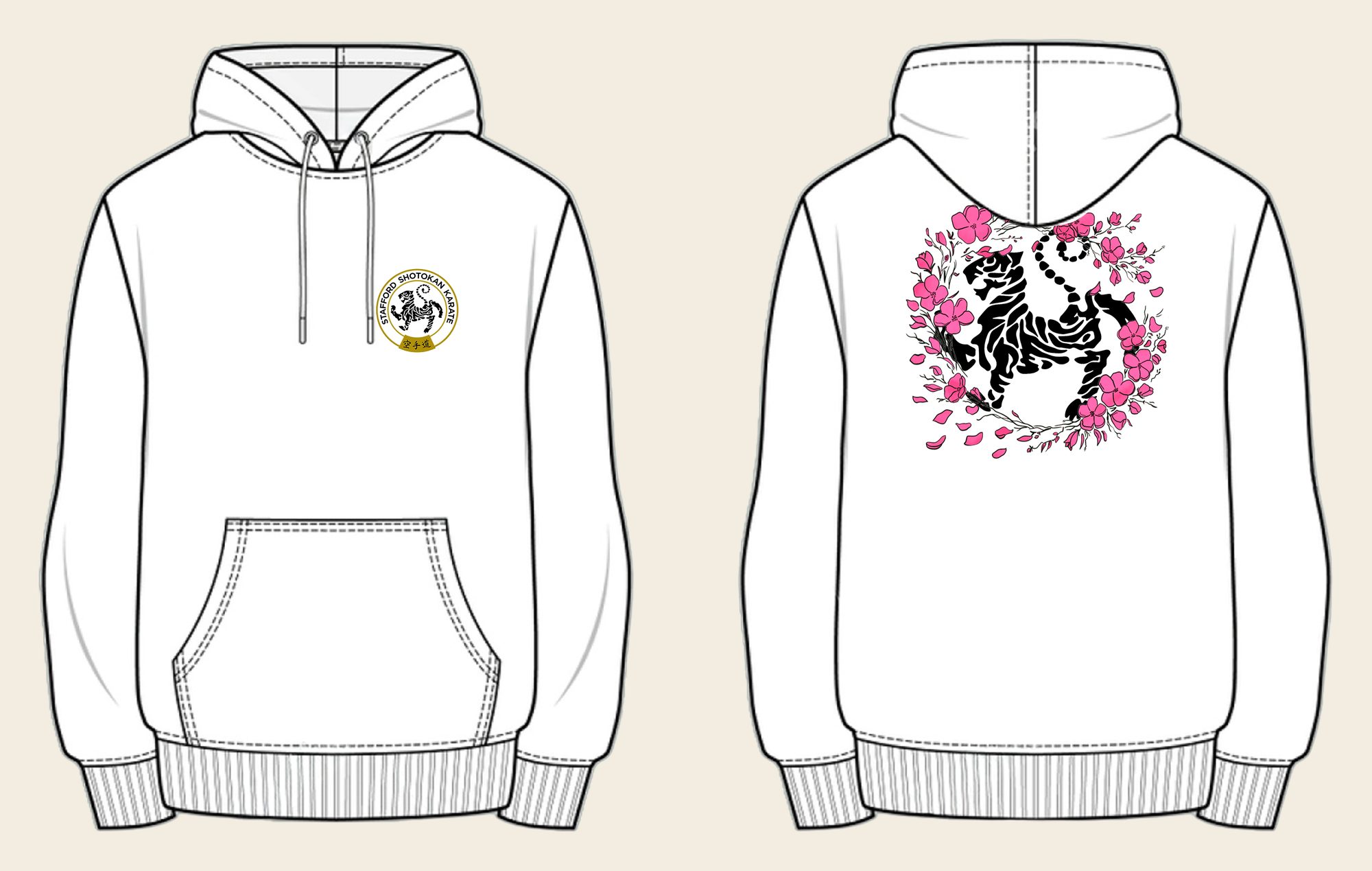 Hoodie design 14, Sakura Tiger (Option B), in Arctic White, front and back