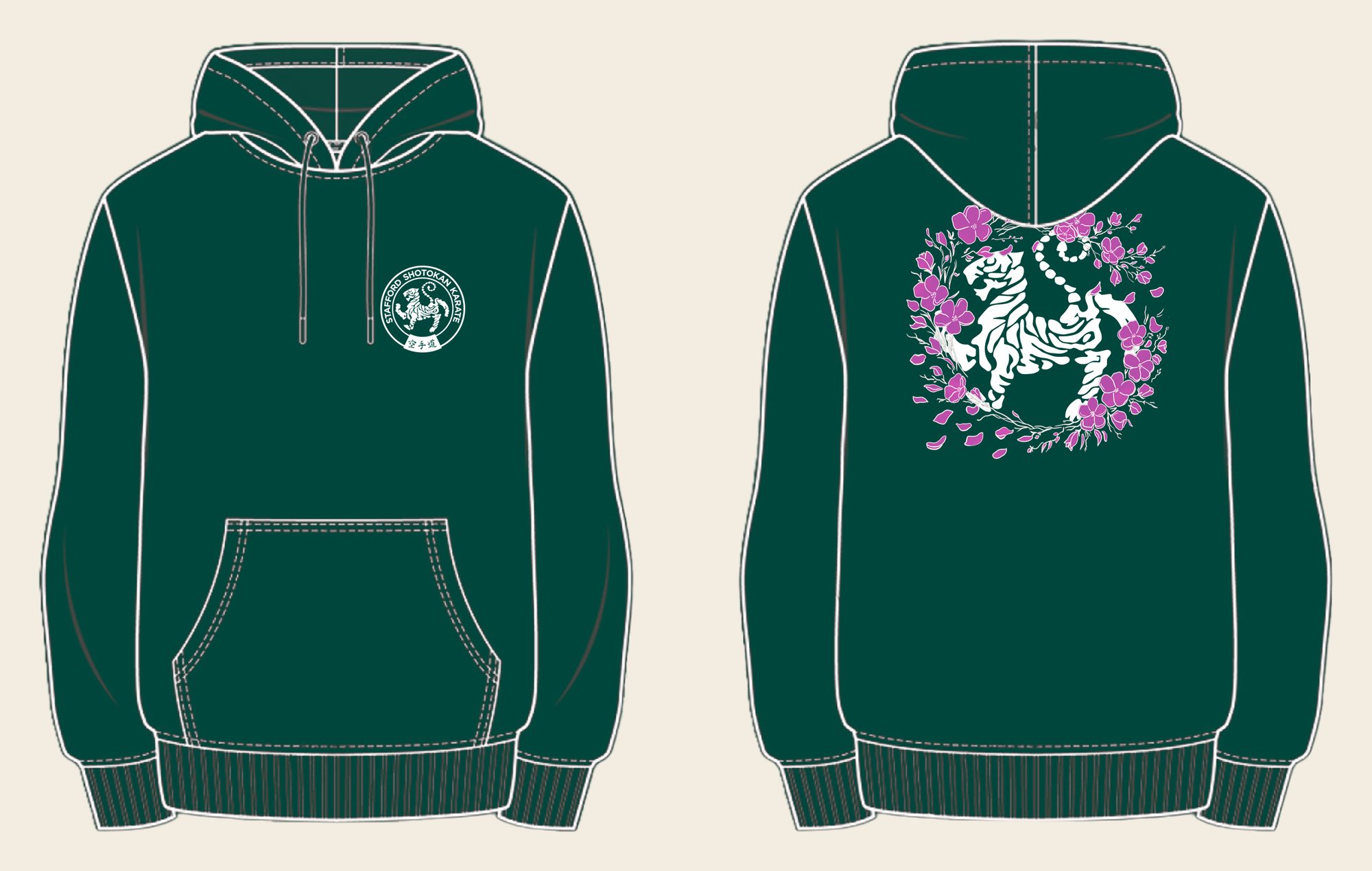 Hoodie design 14, Sakura Tiger (Option B), in Bottle Green, front and back