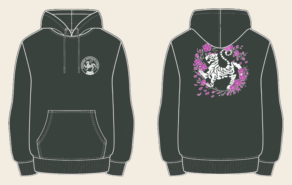Hoodie design 14, Sakura Tiger (Option B), in Charcoal, front and back