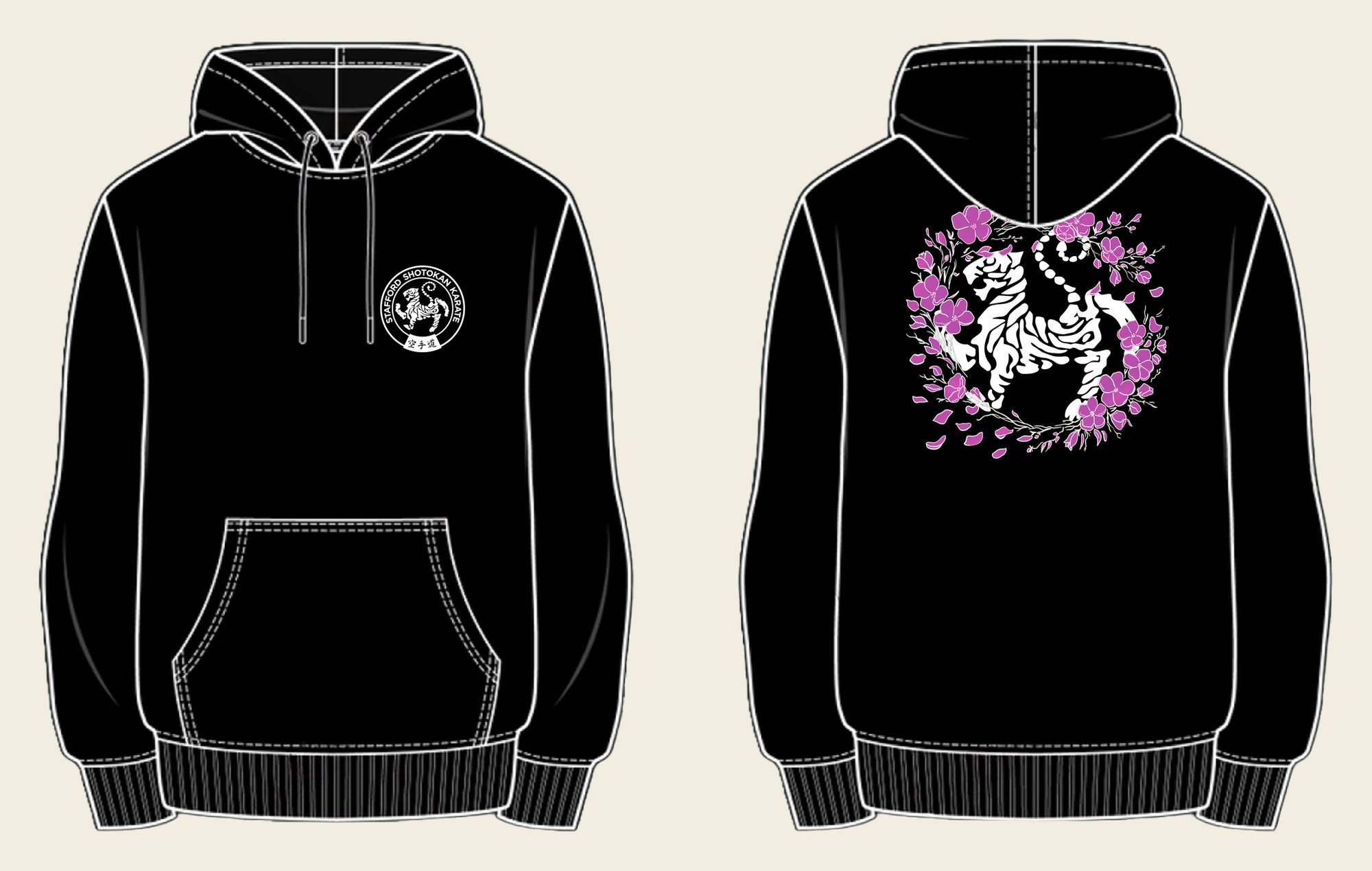 Hoodie design 14, Sakura Tiger (Option B), in Deep Black, front and back