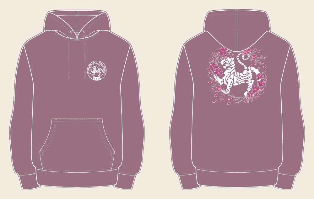 Hoodie design 14, Sakura Tiger (Option B), in Dusty Purple, front and back